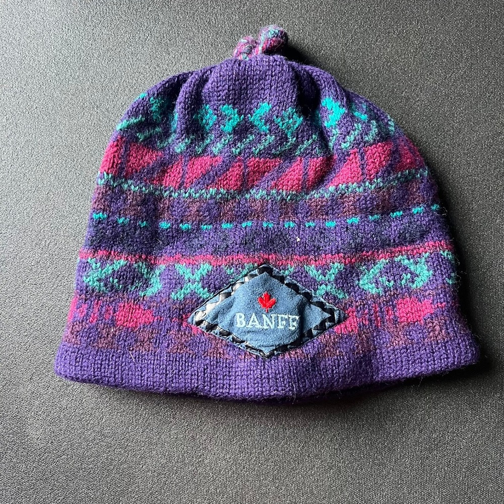 Vtg Capello Banff Canada Wool Beanie Purple Fair Isle Fleece Lined Ski Hat Retro